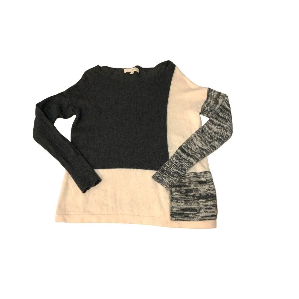 LOFT Black Gray Cream Crew Neck Block  Sweater Small Rayon Wool Cotton